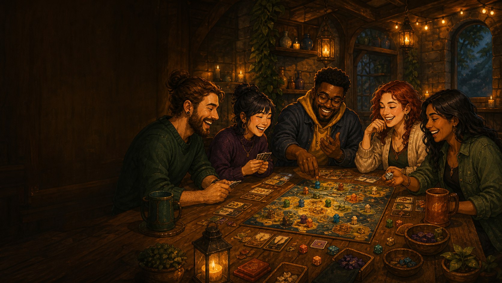 Five friends laughing and playing a board game together in a cozy room